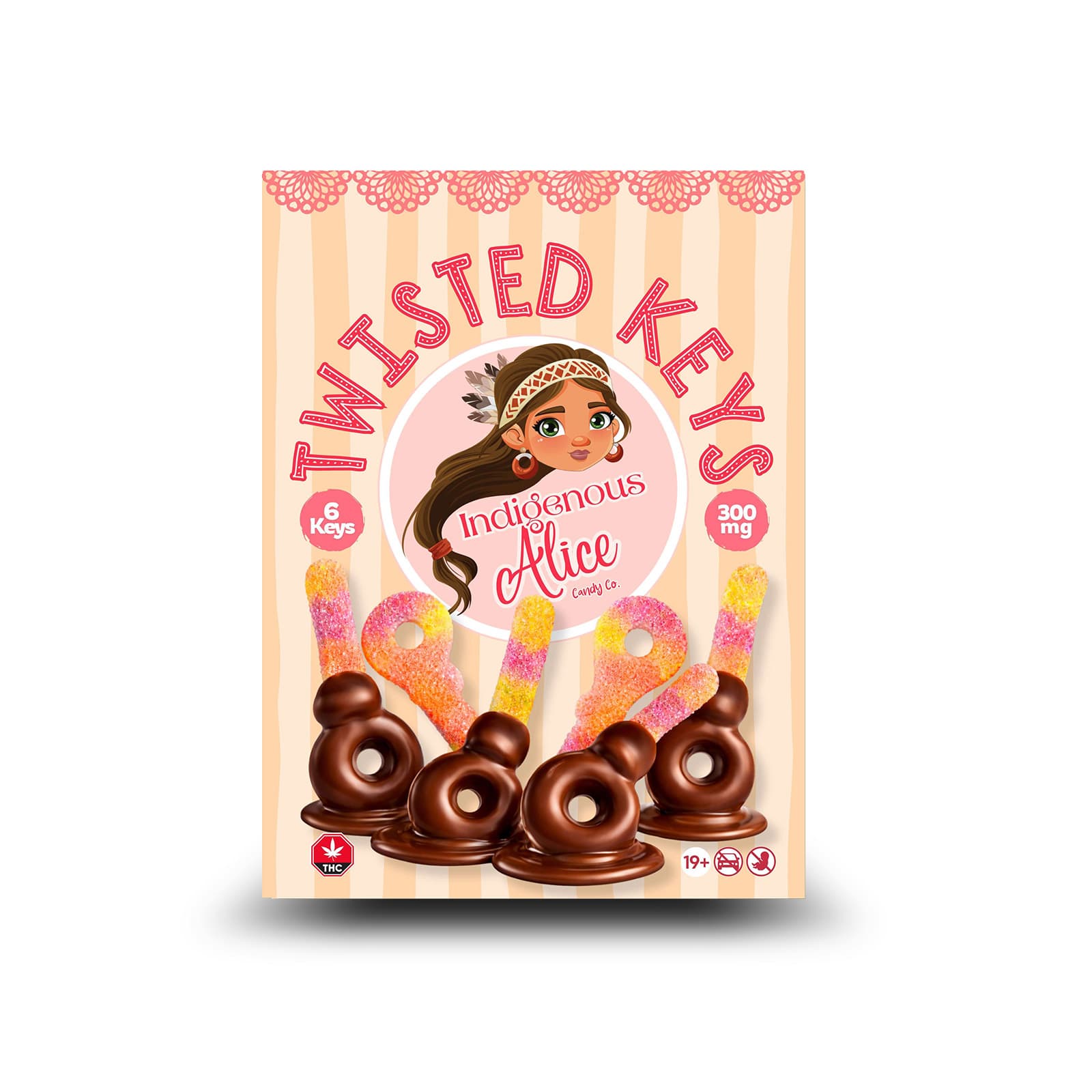 Twisted Keys cannabis edibles from 542 featuring 187mg THC twisted key-shaped gummies or chocolates in colorful packaging