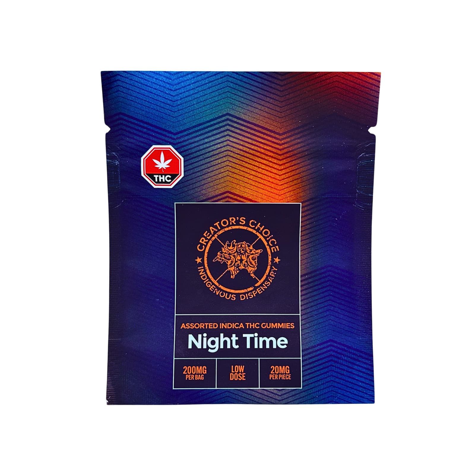 Assorted indica nighttime THC gummies 200mg for sleep in various colors and shapes