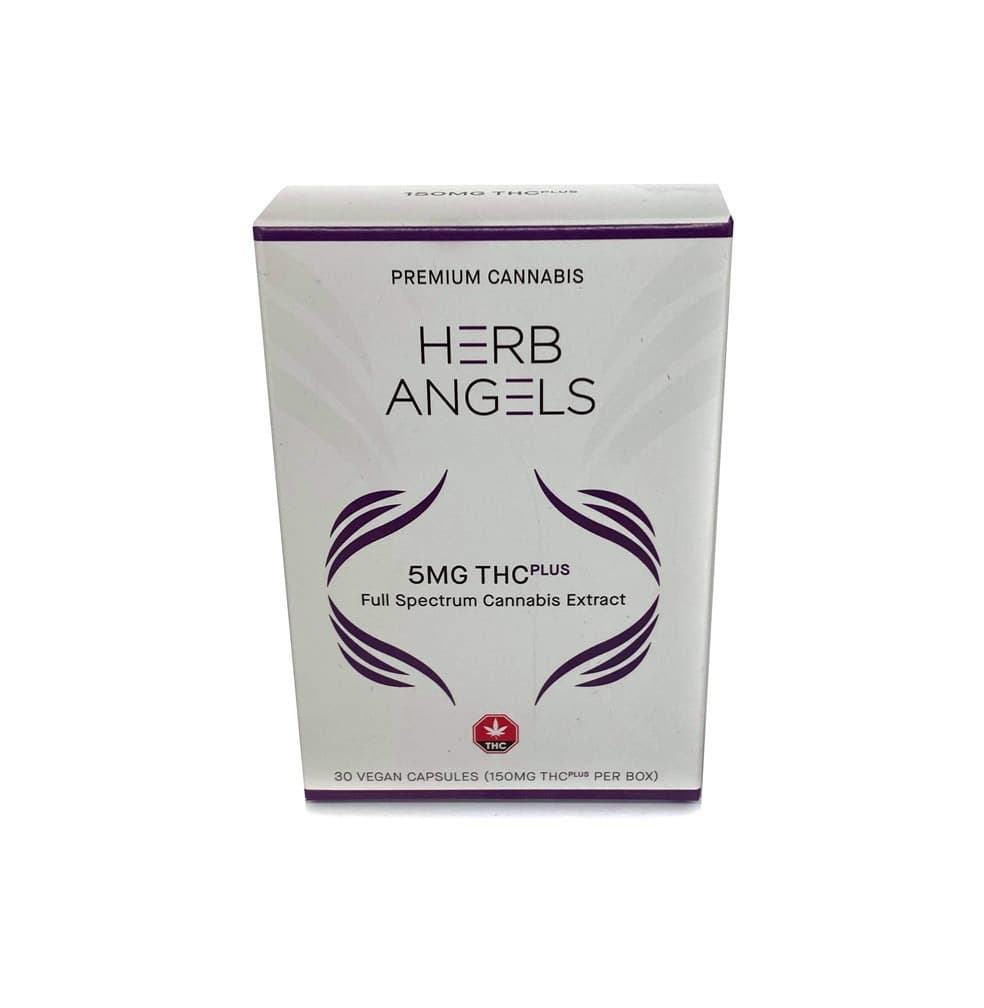 Herb Angels 150mg THC capsules 30 per box 5mg each white supplement capsules in packaging