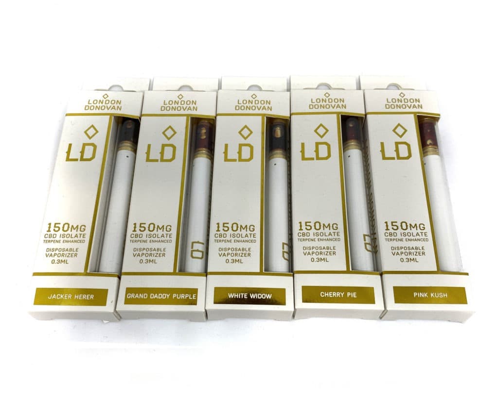 LD London Donovan disposable CBD pens in multiple flavors displayed together for focus and concentration