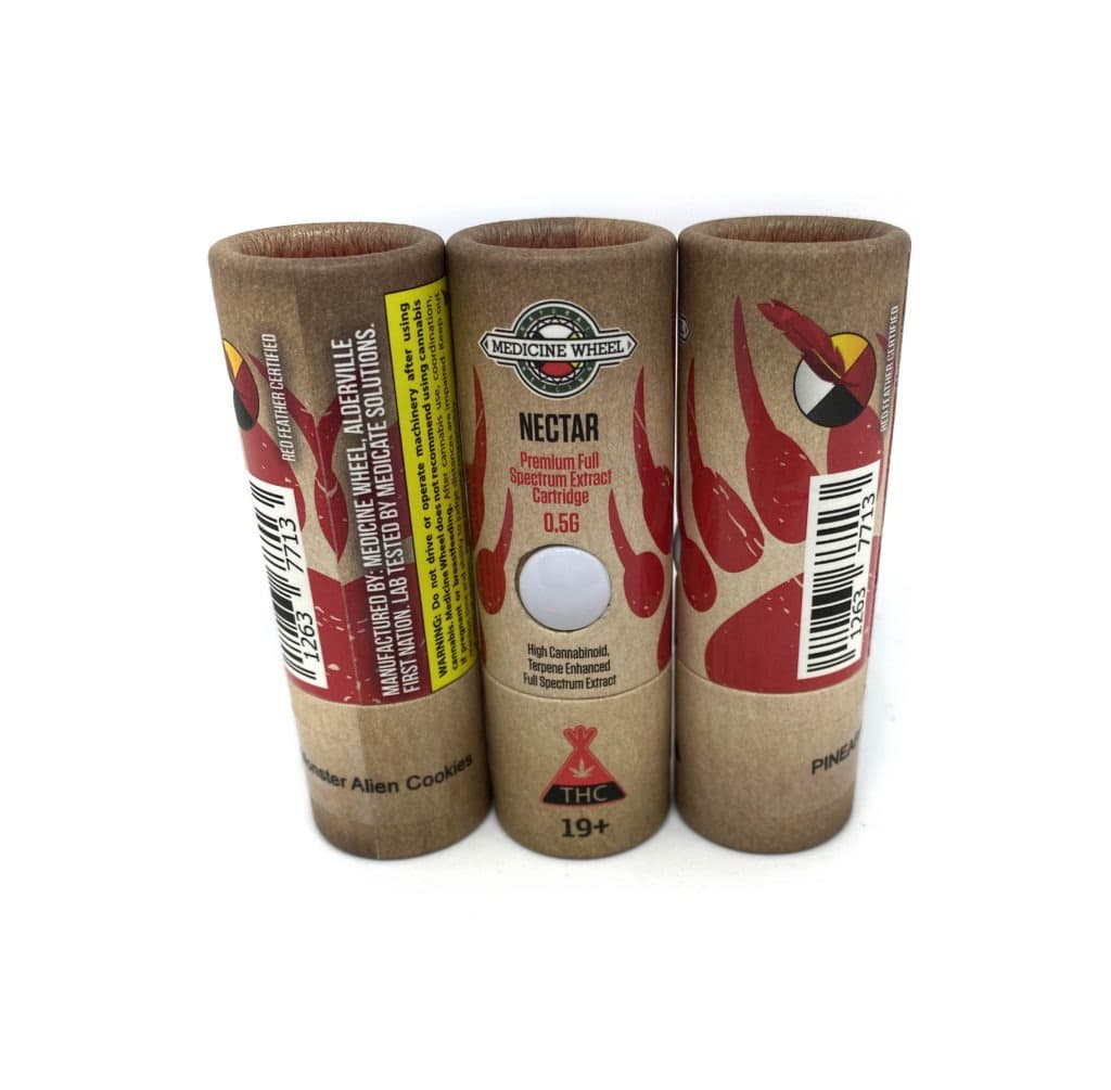 Medicine Wheel THC Nectar vape cartridges in assorted flavors displayed together showing variety of options