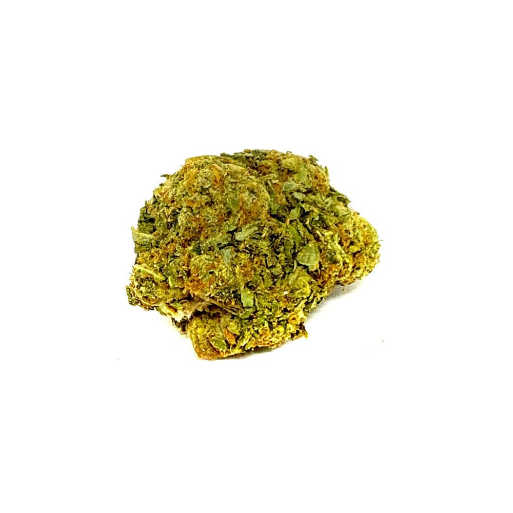 Rockstar CBD premium cannabis flower buds close-up showing dense trichome-covered green nugs with purple hues
