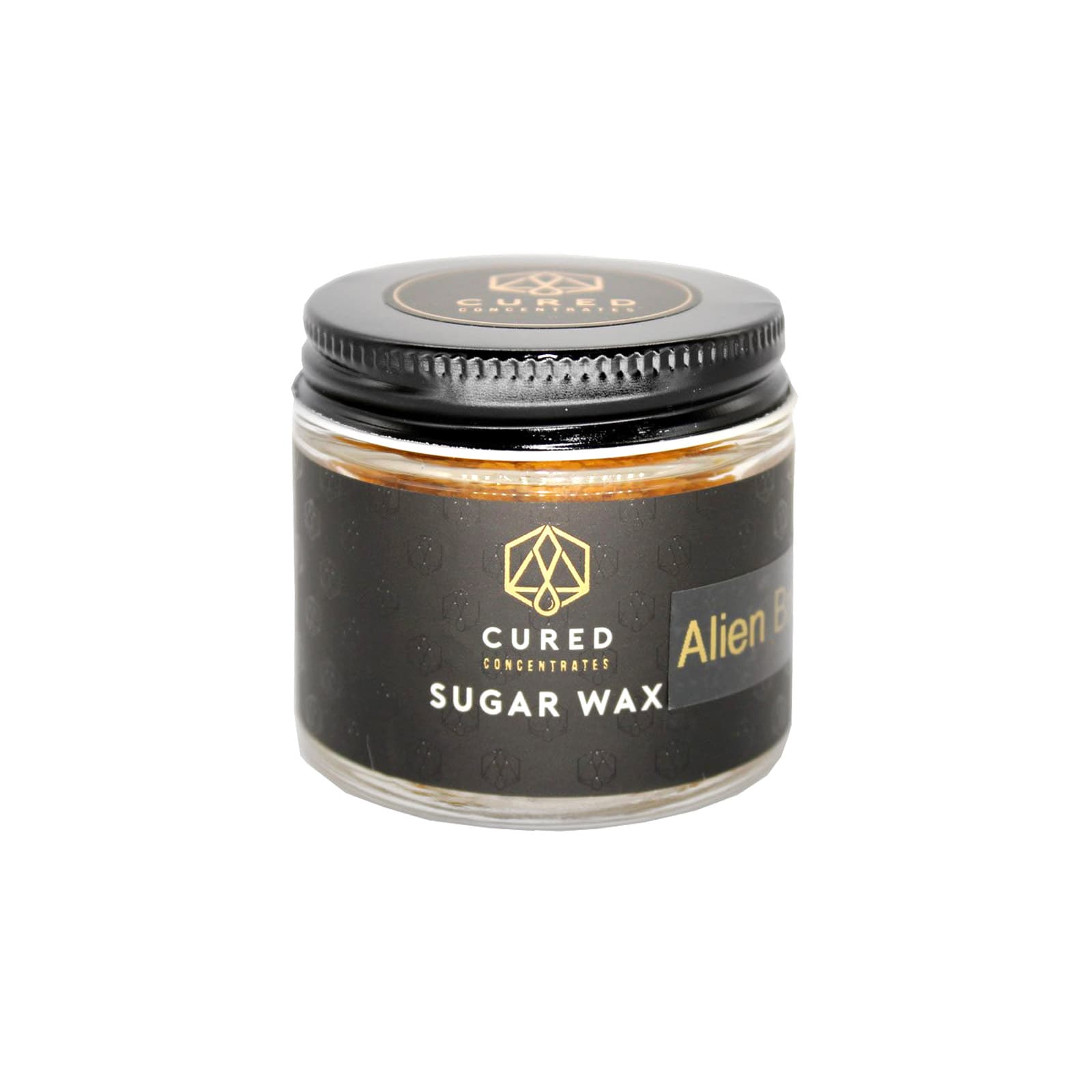 Golden amber cured cannabis concentrate sugar wax with a grainy crystalline texture in a small glass jar