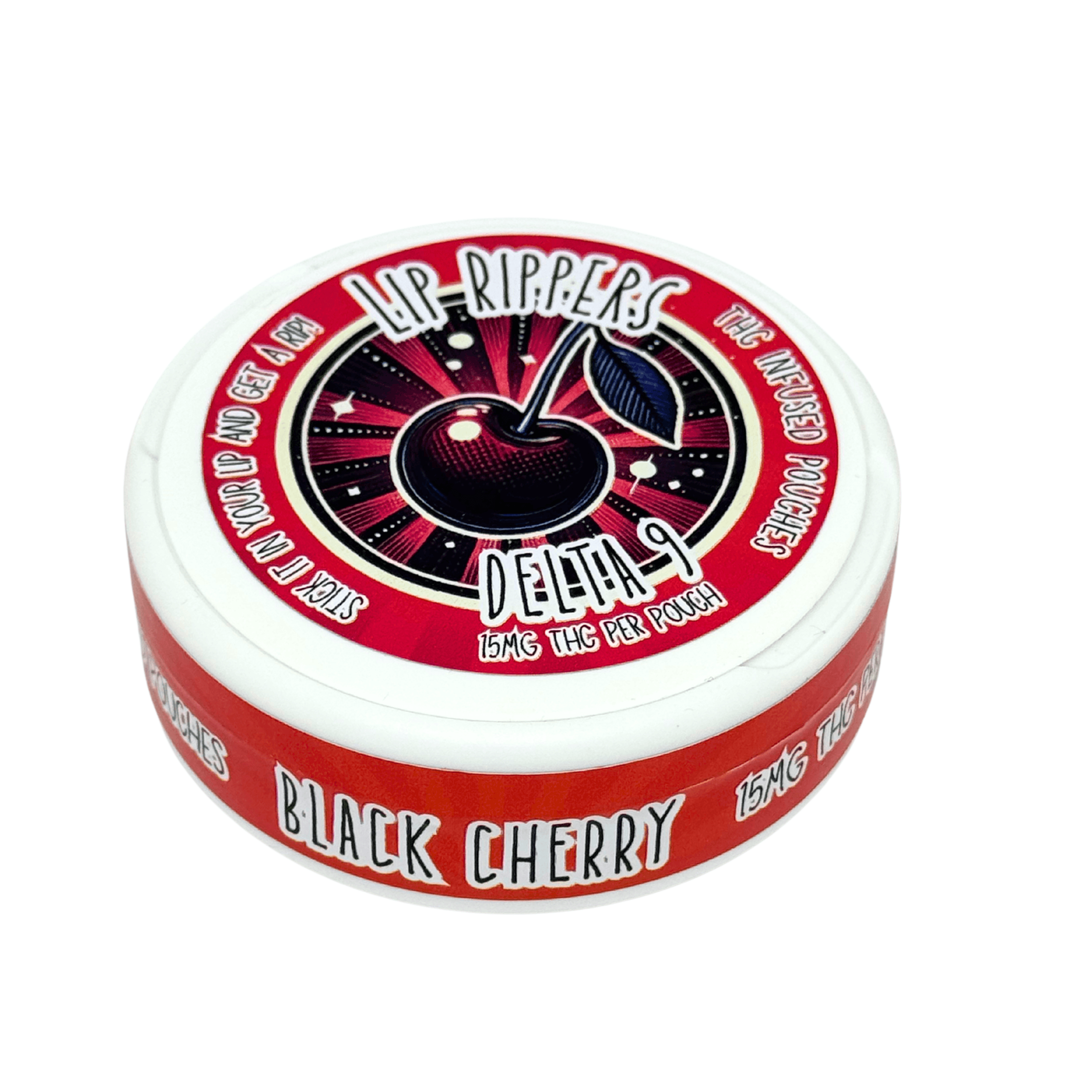 Ripper Delta-9 THC Pouches in Black Cherry and Peppermint flavors in a small round container