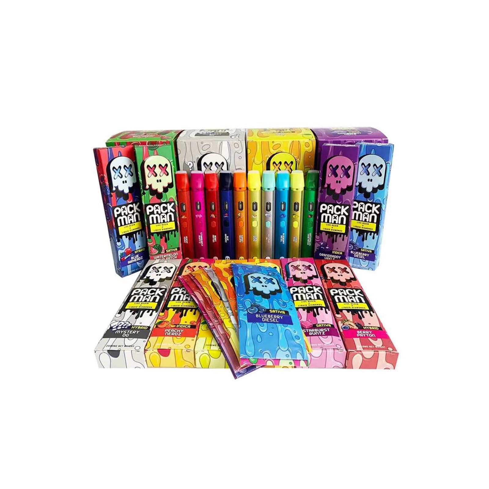 Packman vapes Blueberry Muffin cannabis product with premium bud showcasing rich blueberry tones and dense frosty texture