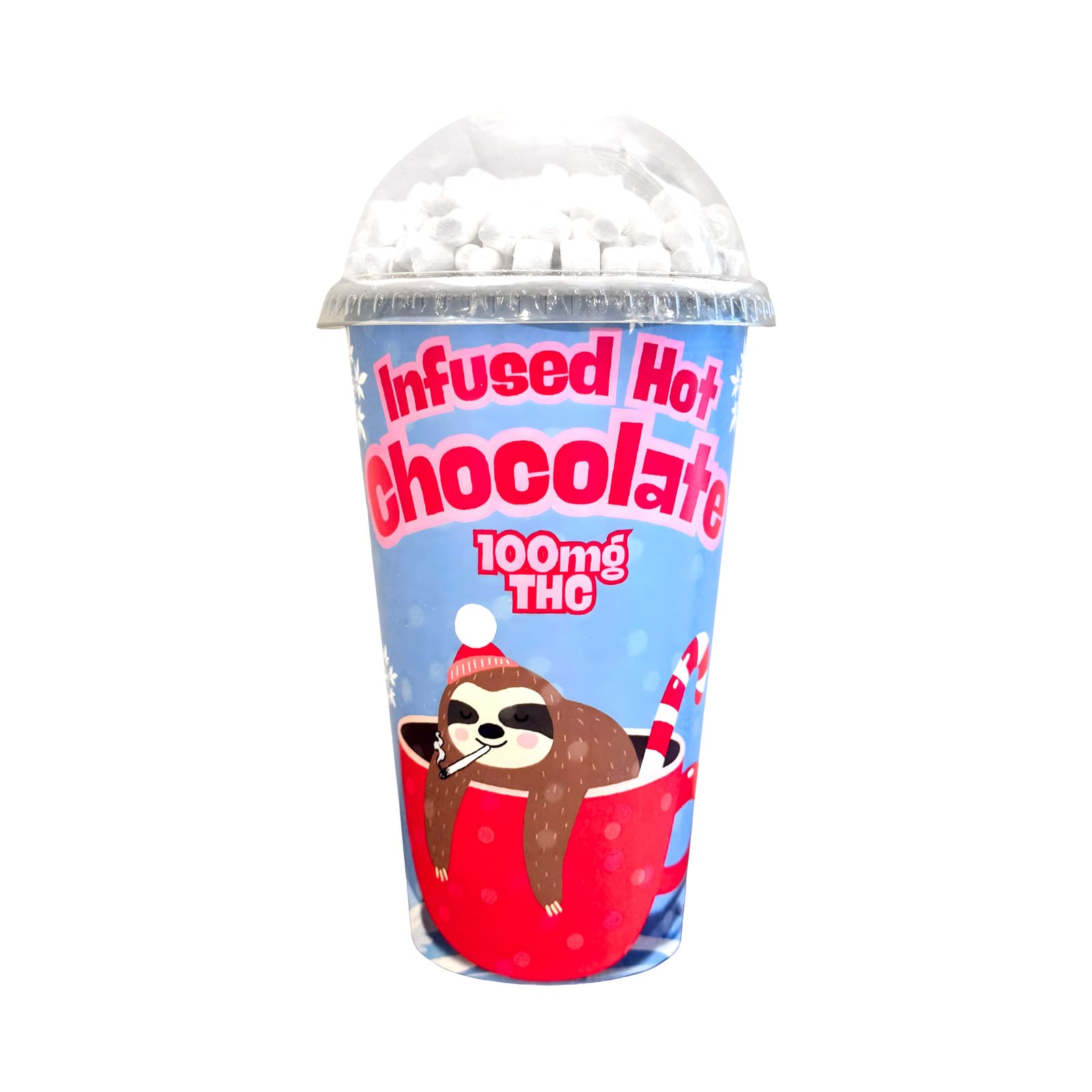 Steaming mug of infused hot chocolate rich creamy cannabis edible drink topped with whipped cream