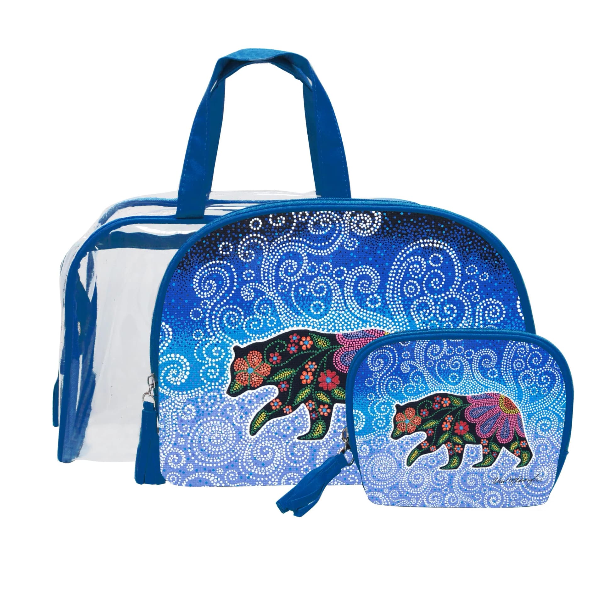 Three-piece celestial bear cosmetic bag set by Kim McDonough featuring cosmic bear designs in varying sizes