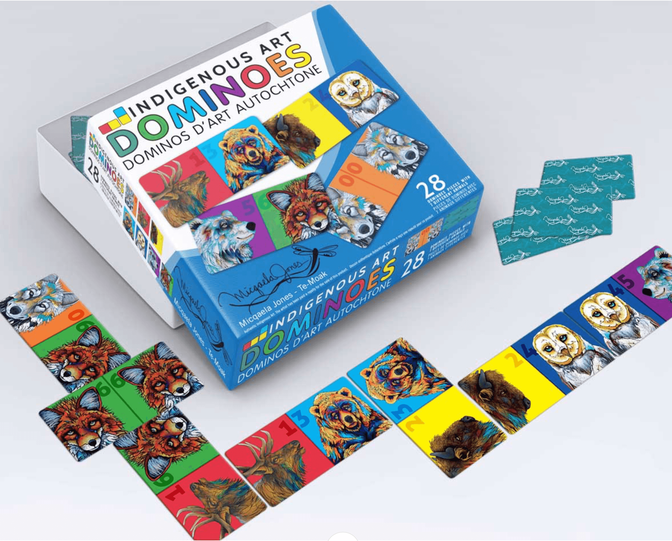 Dominoes game set featuring Indigenous artwork by Miqaela Jones with decorative cultural designs on each tile