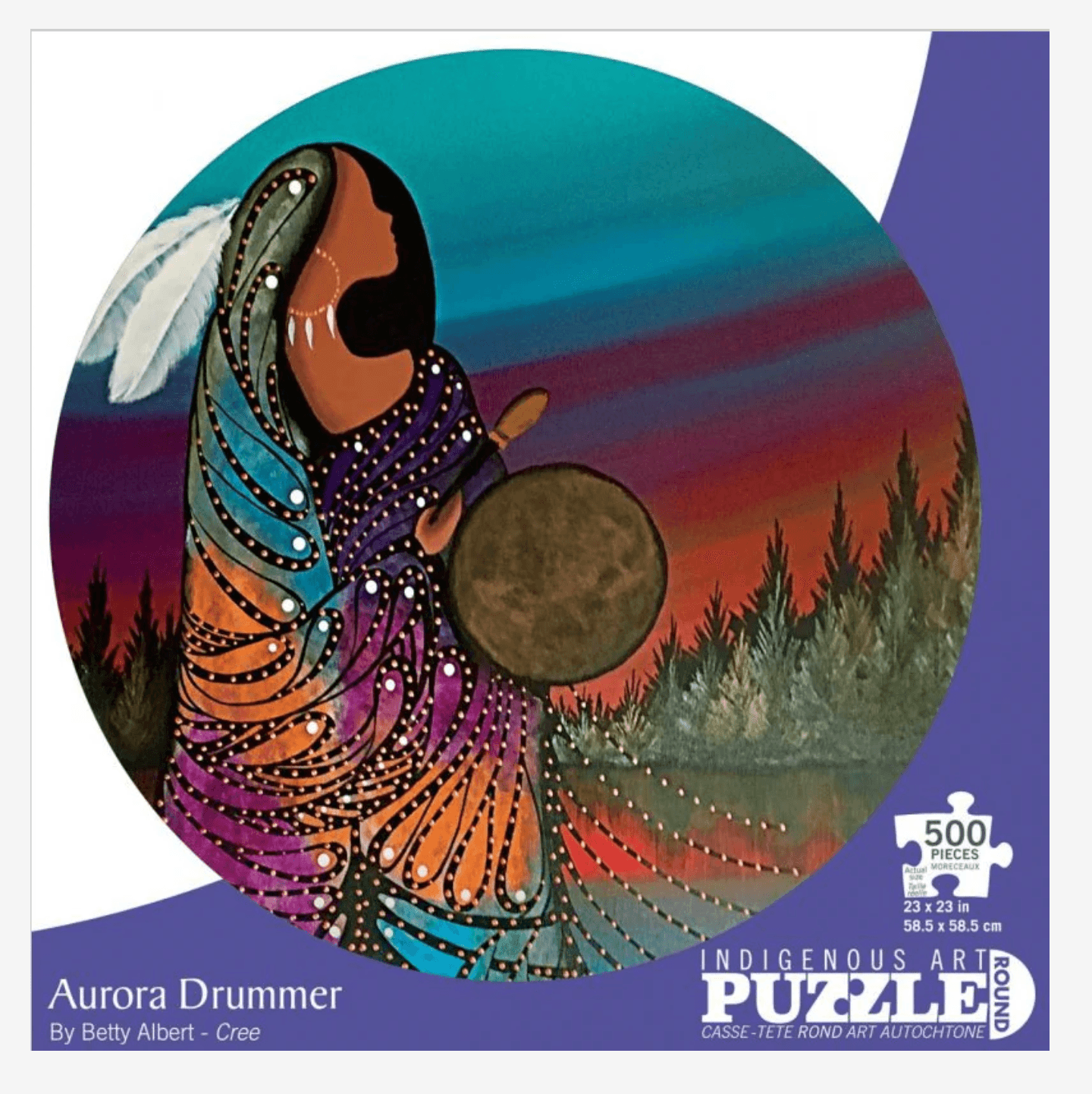 500-piece jigsaw puzzle featuring Aurora Drummer artwork by Betty Albert with vibrant Indigenous art imagery