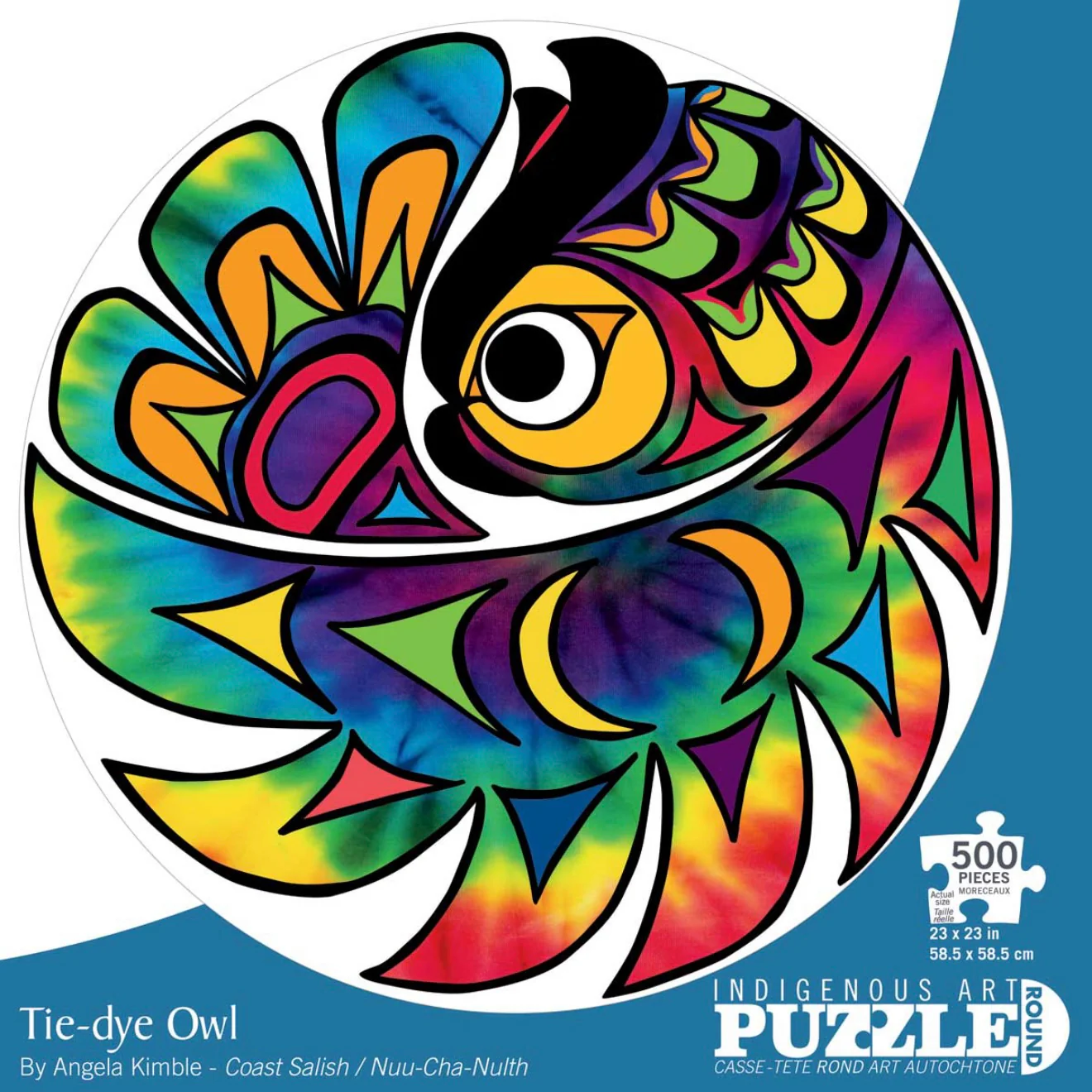 500-piece tie-dye owl jigsaw puzzle artwork by Angela Kimble featuring vibrant colorful owl illustration