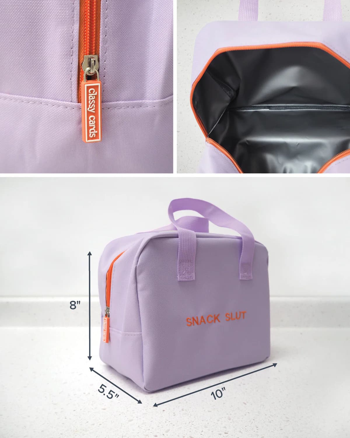 Insulated snack bag with humorous Snack Slut graphic design text on exterior