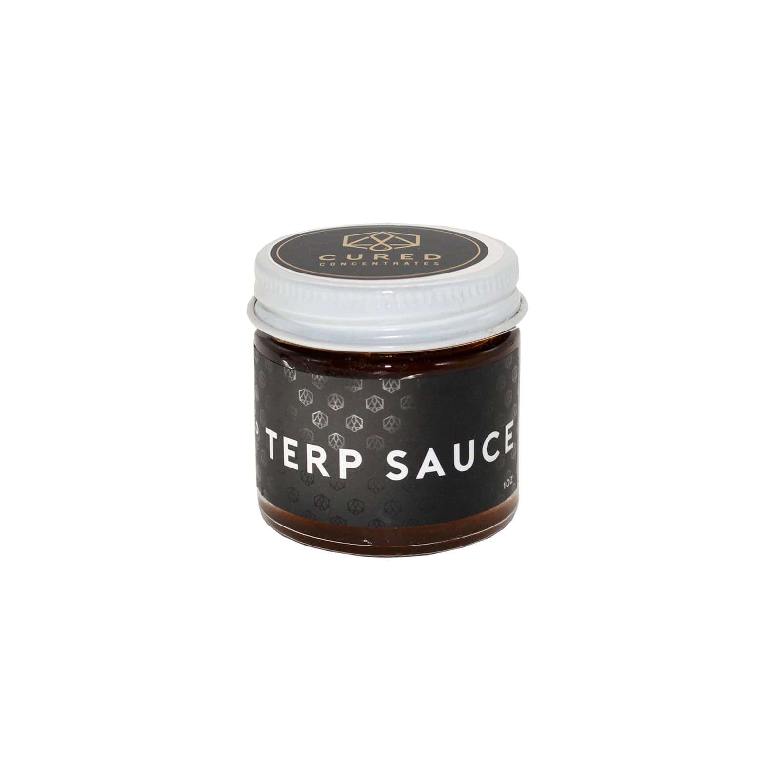 Golden terp sauce cannabis concentrate in a small glass jar, rich and viscous with crystalline terpene texture
