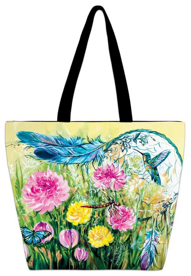 Tote bag featuring dreamcatcher indigenous art design by Carla Joseph