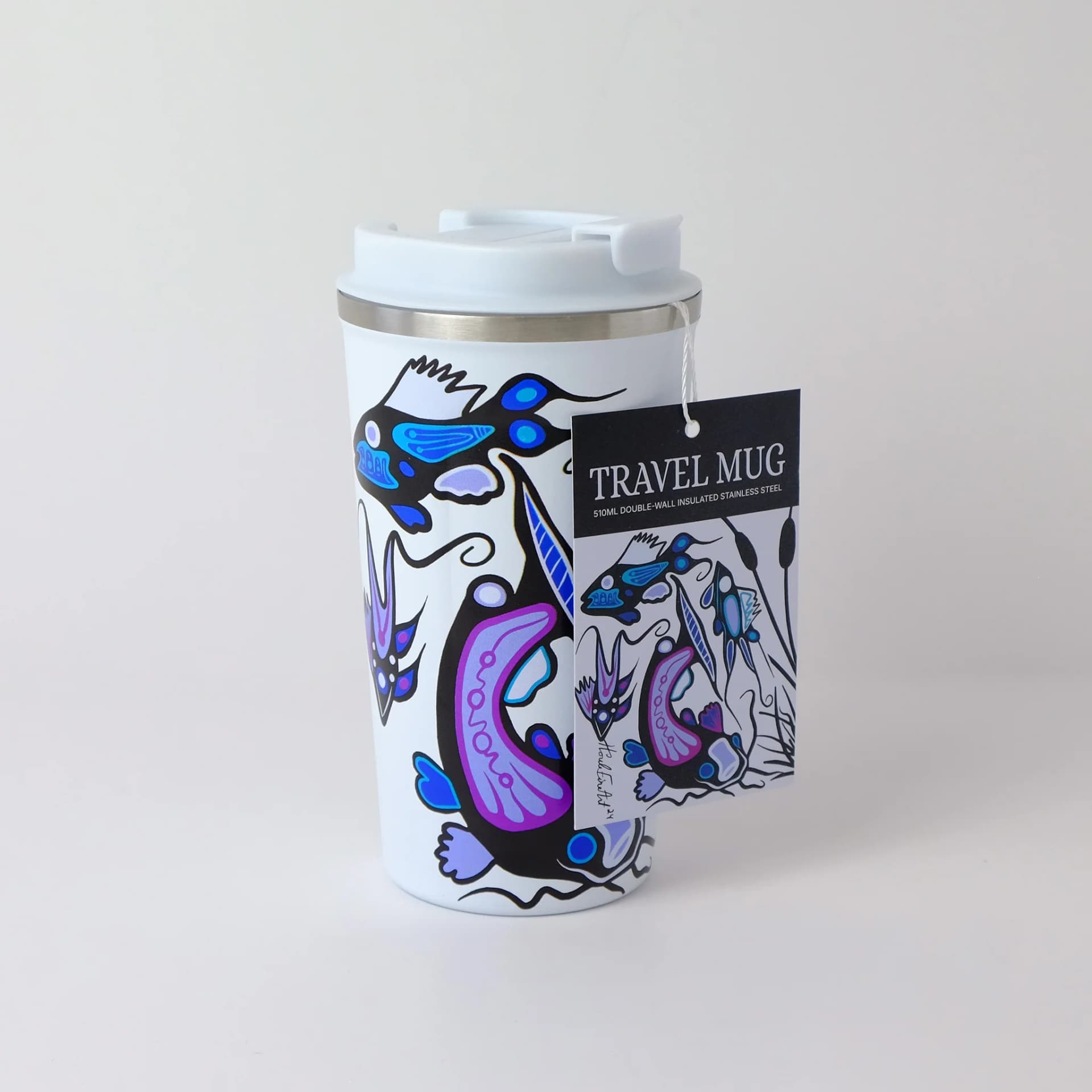 Travel mug featuring Grand River Indigenous art design by Cody Houle