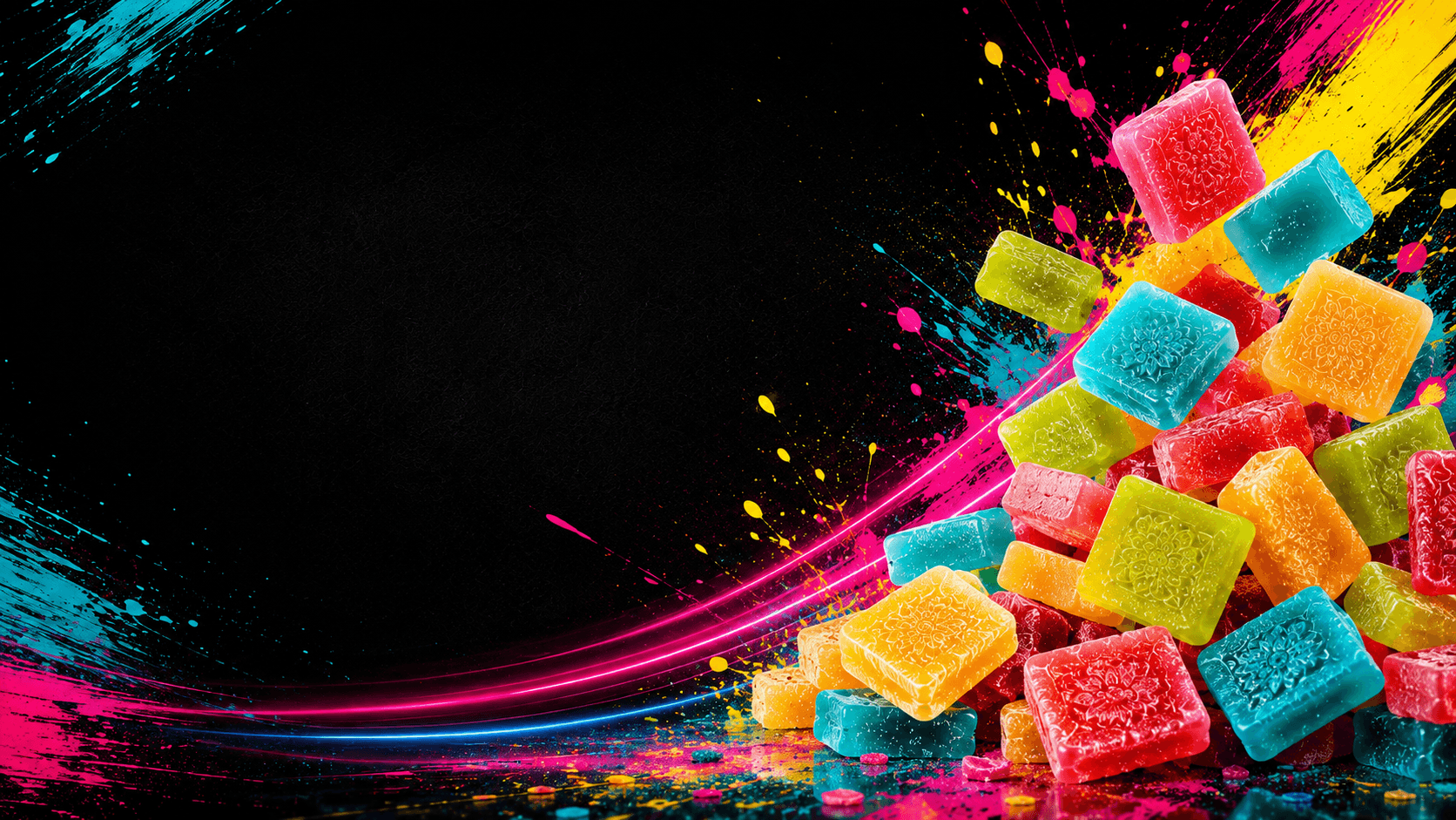 A pile of colourful THC gummies against neon paint splatter