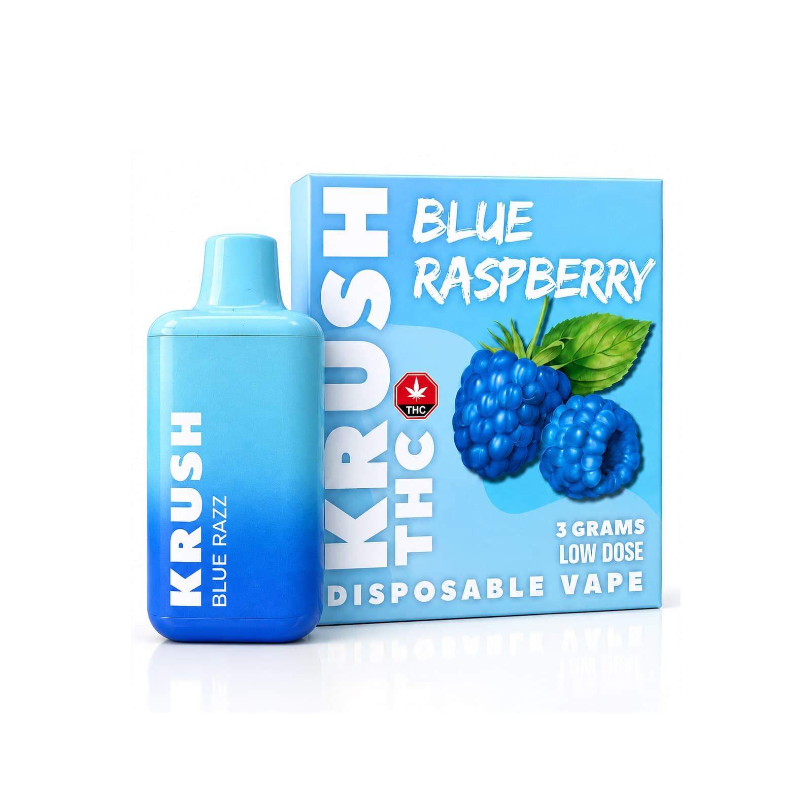 Krush THC 3 gram low dose Blue Raspberry disposable vape pen with retail box