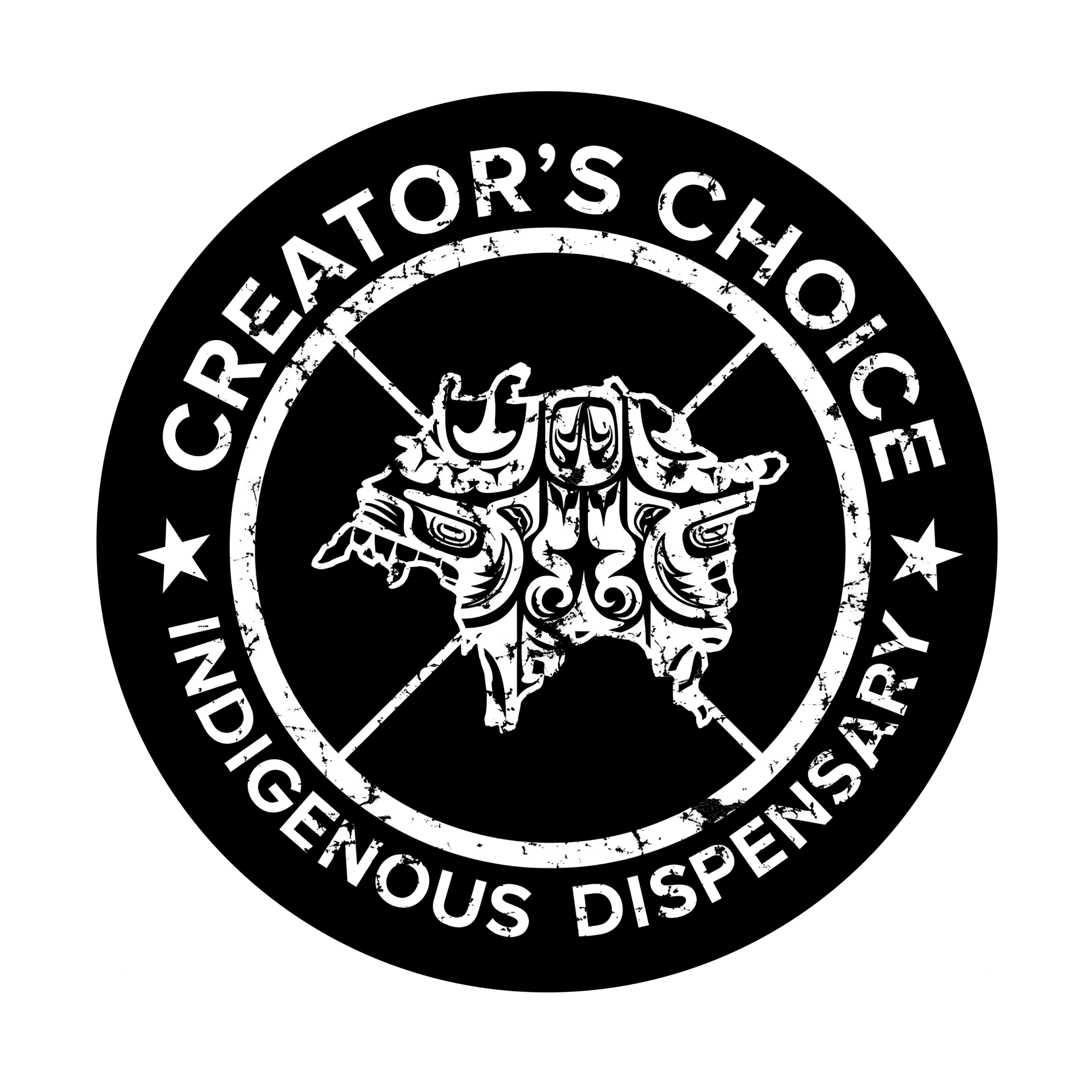 White logo on black background