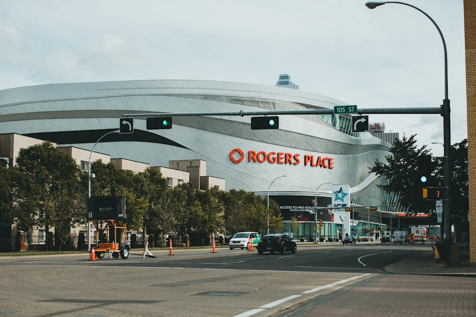 View of Rogers Place stadium and street scene in downtown Edmonton, Alberta, Canada.