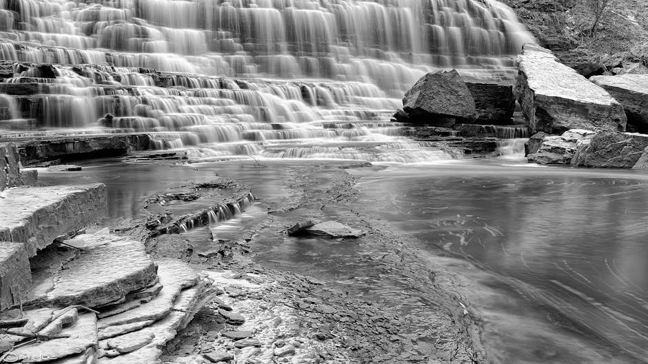 Stunning black and white photograph of a cascading waterfall in Hamilton, Ontario.