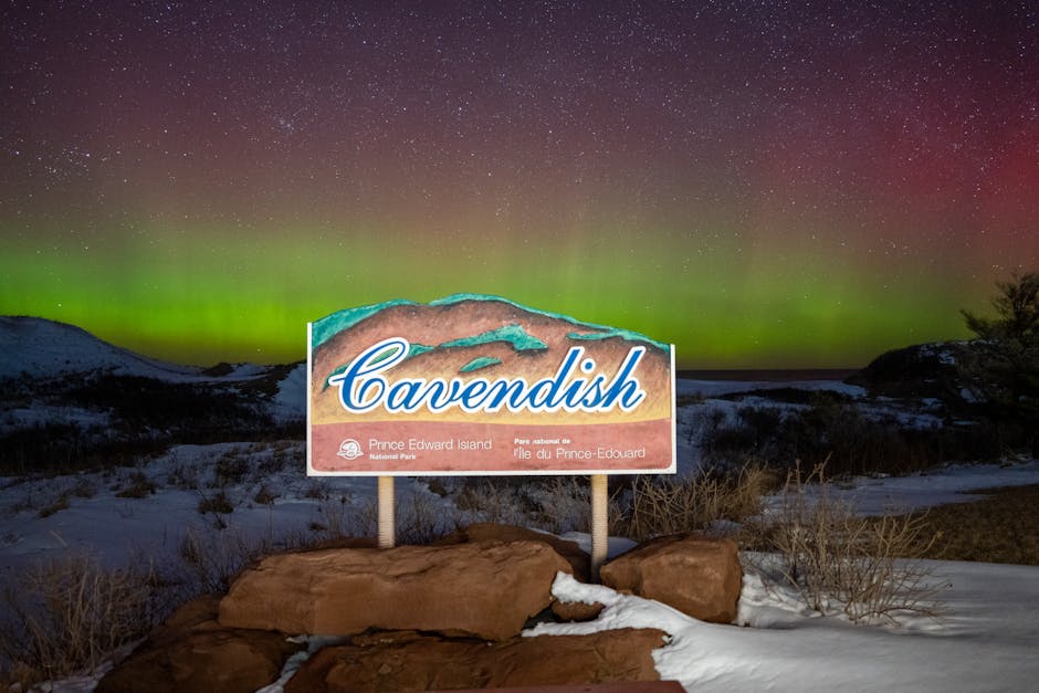 A vibrant aurora borealis illuminates the night sky over the Cavendish sign in Prince Edward Island National Park.