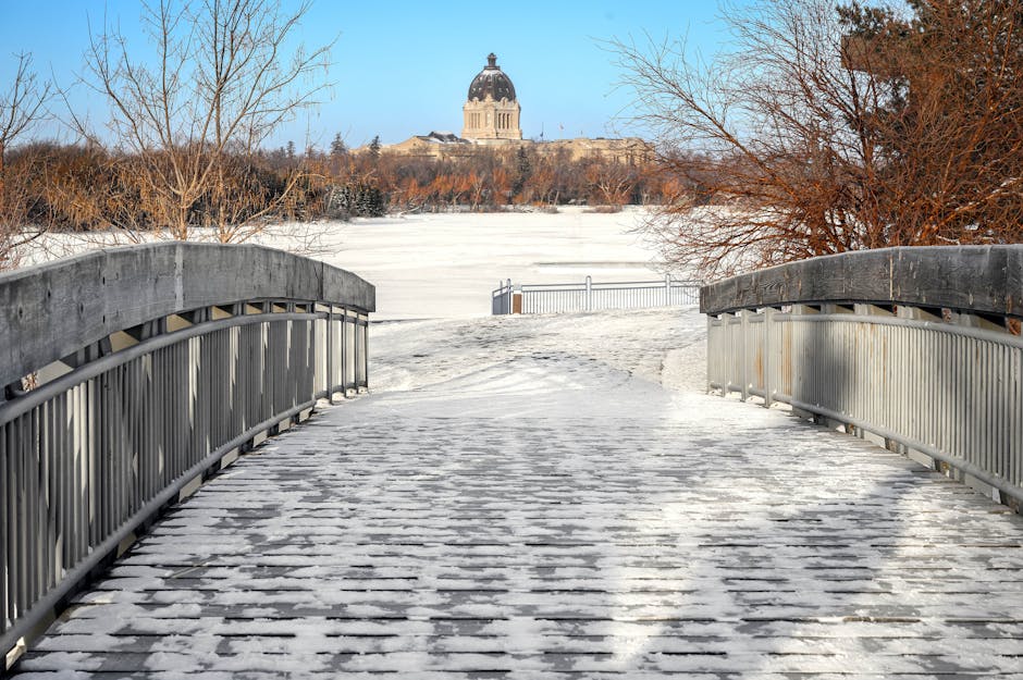Snow-covered bridge and trees leading to Saskatchewan Legislative Building in Regina.