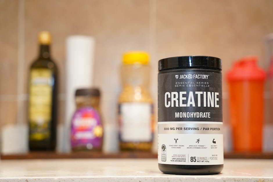 Creatine monohydrate from Jacked Factory displayed on a kitchen counter.